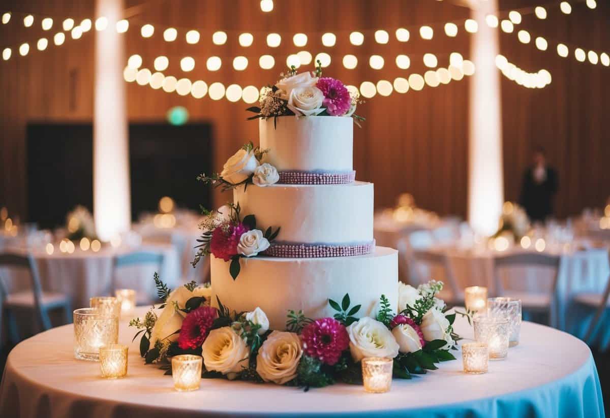 A beautiful wedding cake surrounded by flowers and twinkling lights