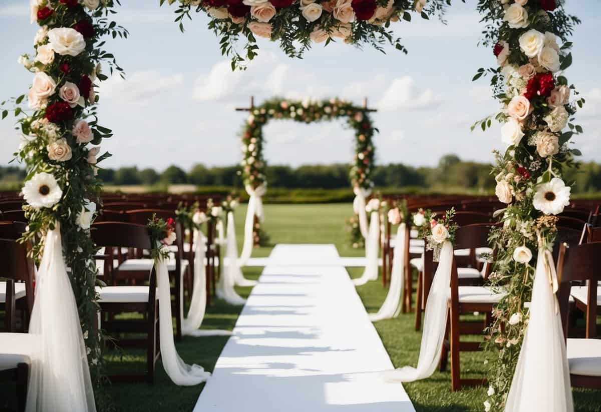 A decorative wedding arch with flowers and ribbons