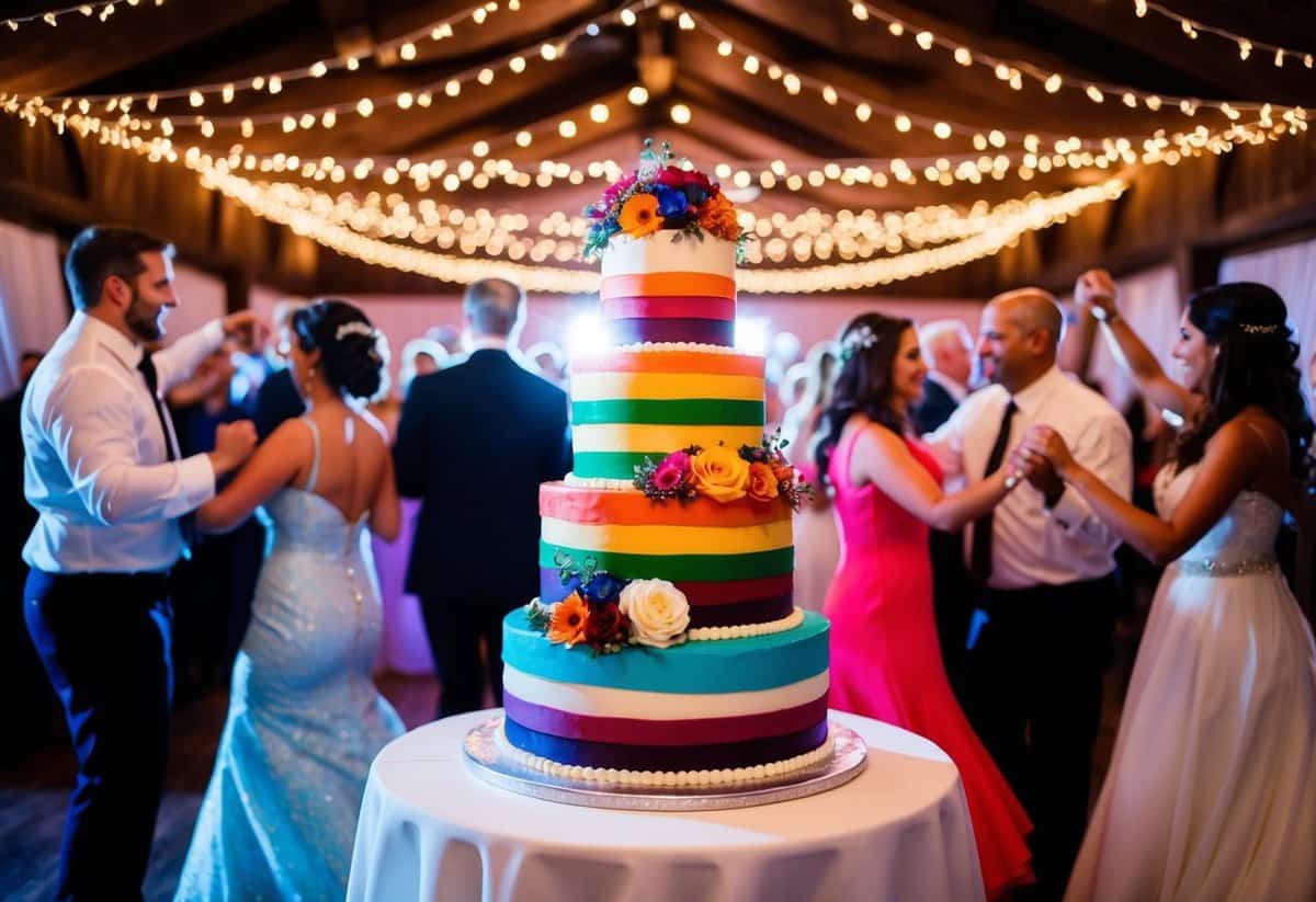 A colorful wedding cake surrounded by dancing guests under twinkling lights