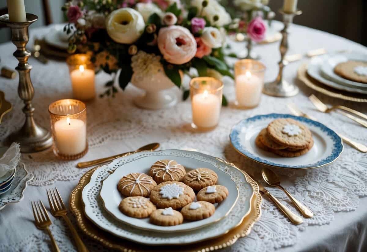 A table set with delicate lace, vintage china, and an assortment of Swedish Heirloom Cookies, surrounded by flowers and candlelight