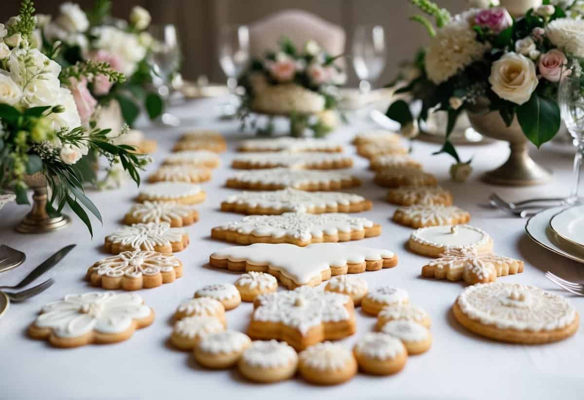 A table displays an array of delicate, intricately decorated wedding cookies in various shapes and sizes, surrounded by floral arrangements and elegant tableware