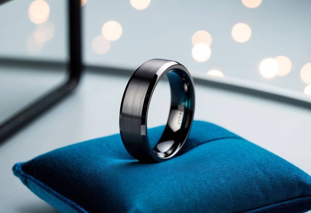 A sleek tungsten carbide ring, resting on a velvet cushion in a minimalist, modern setting