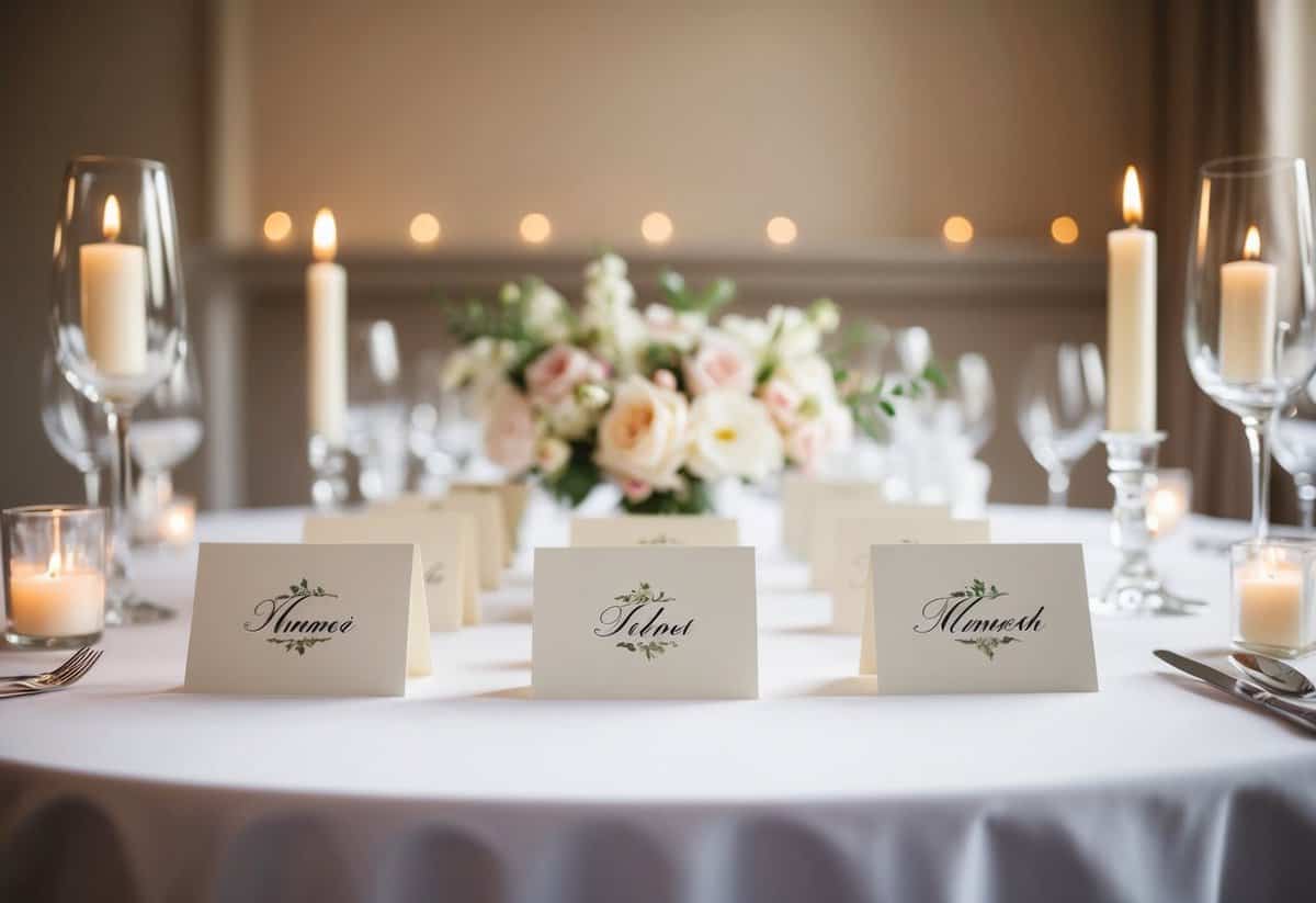 Elegant name cards arranged on a beautifully set wedding table, with delicate floral centerpieces and soft candlelight