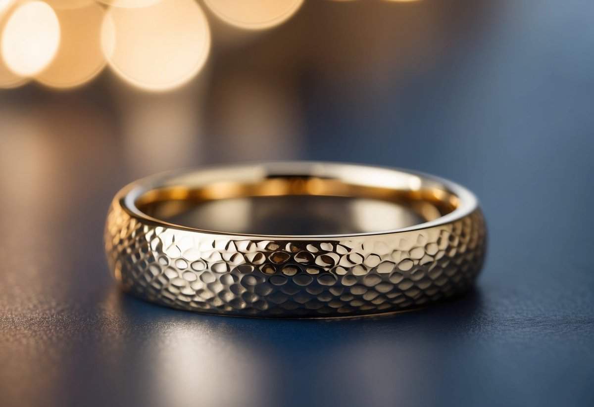 A close-up of a 14k gold hammered finish band by Blue Nile, showcasing its intricate texture and shine