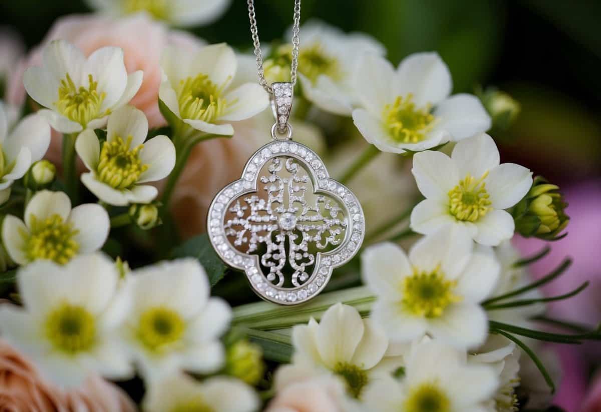 A sparkling Alhambra pendant nestled among delicate wedding flowers