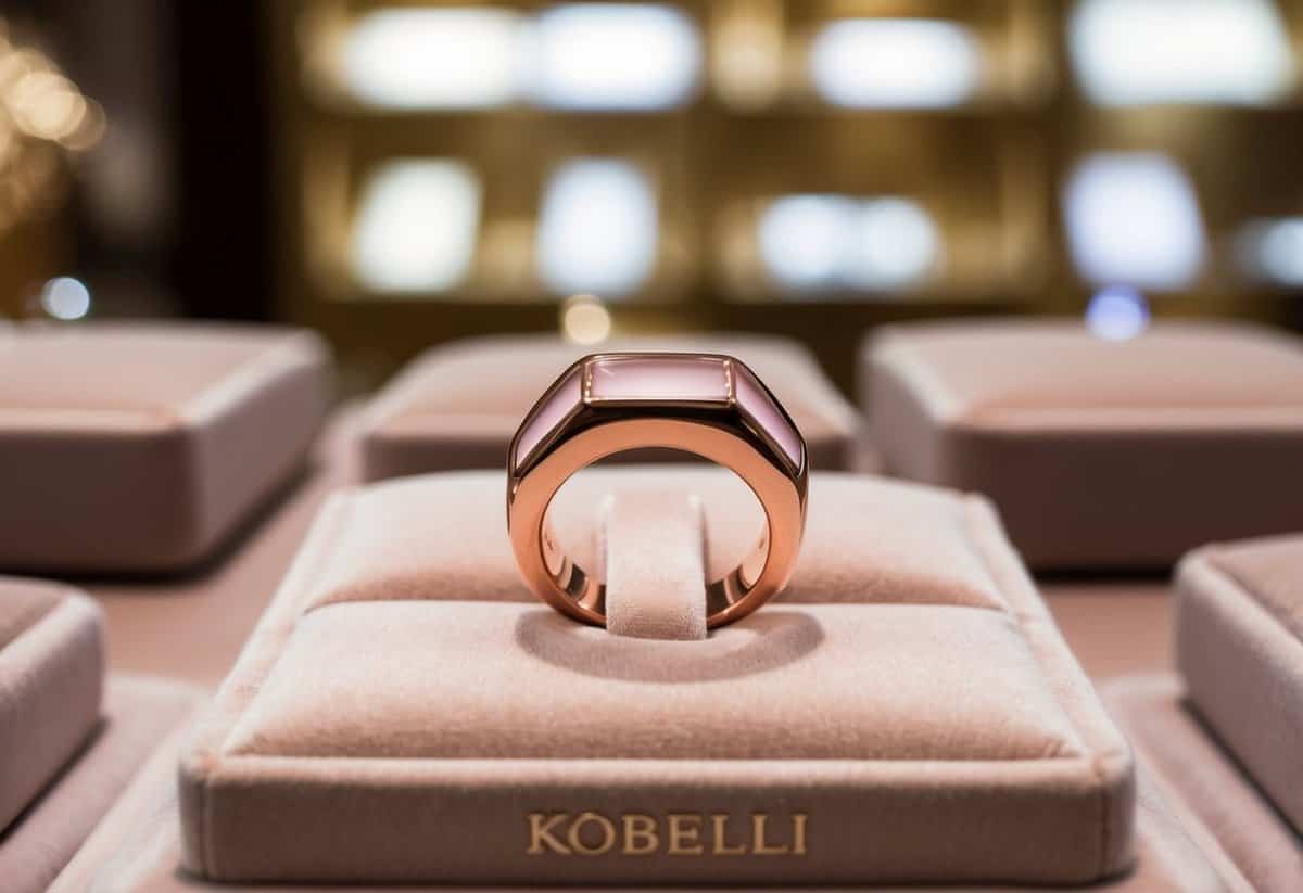 A rose gold beveled edge ring by Kobelli displayed on a velvet cushion in a luxurious jewelry store