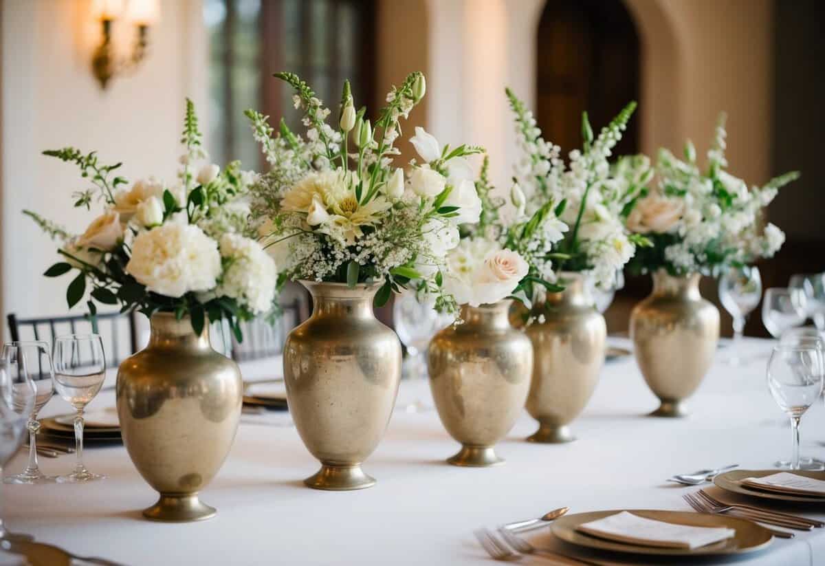 A table adorned with antique vases filled with delicate flowers, creating an elegant and timeless wedding decor