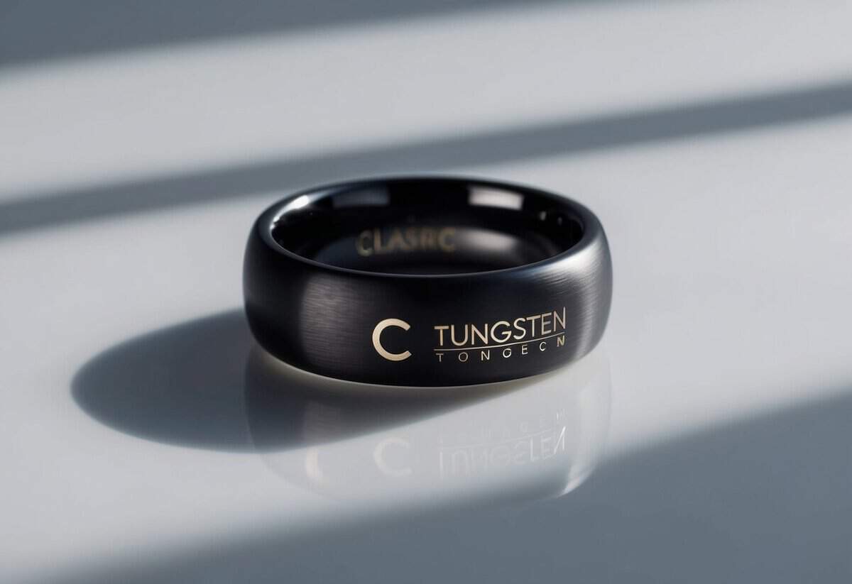 A black titanium matte finish ring by Classic Tungsten, resting on a smooth, reflective surface, with a soft light casting a subtle shadow