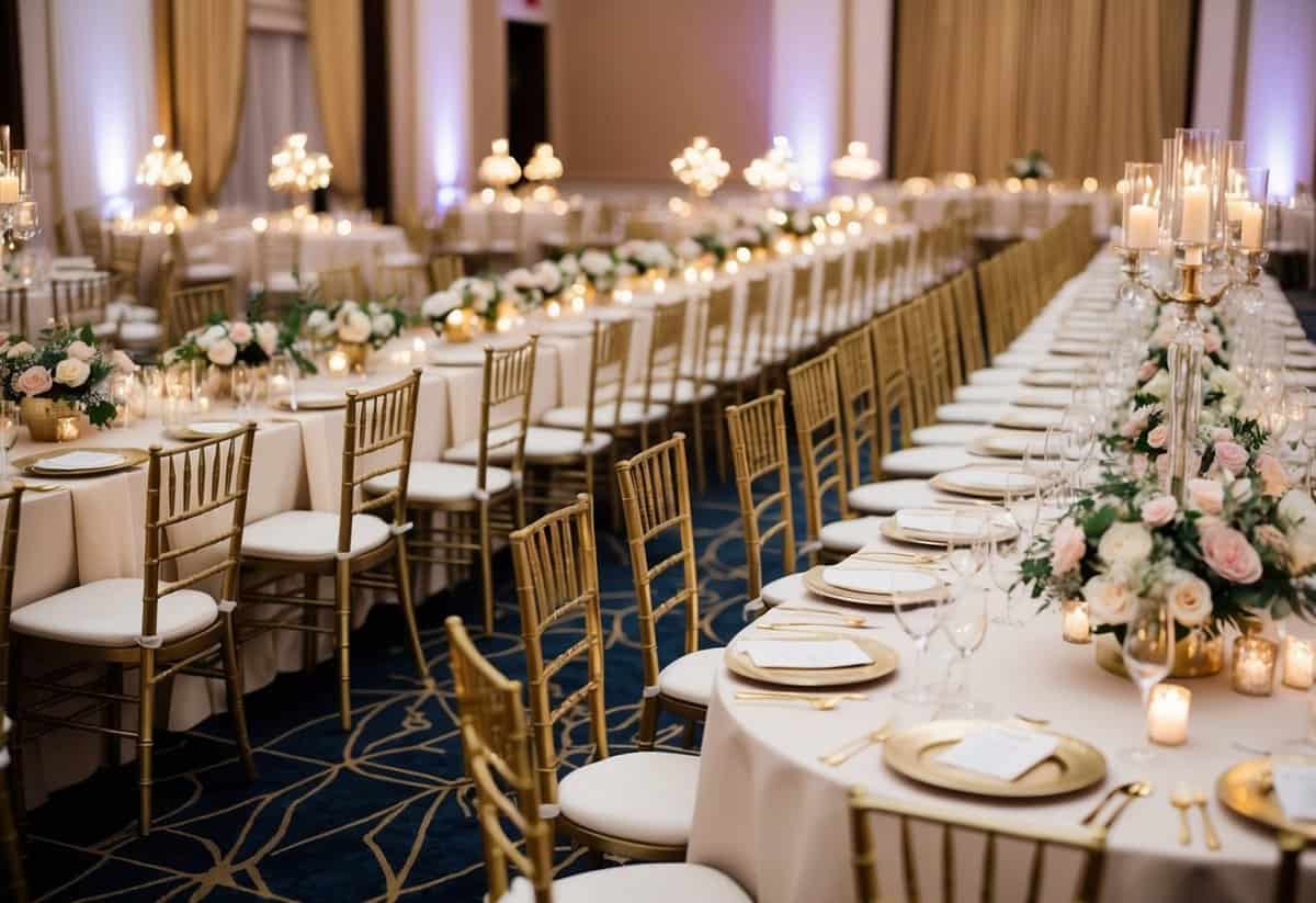 A grand ballroom with rows of gold Chiavari chairs set around elegant tables adorned with floral centerpieces and sparkling candlelight