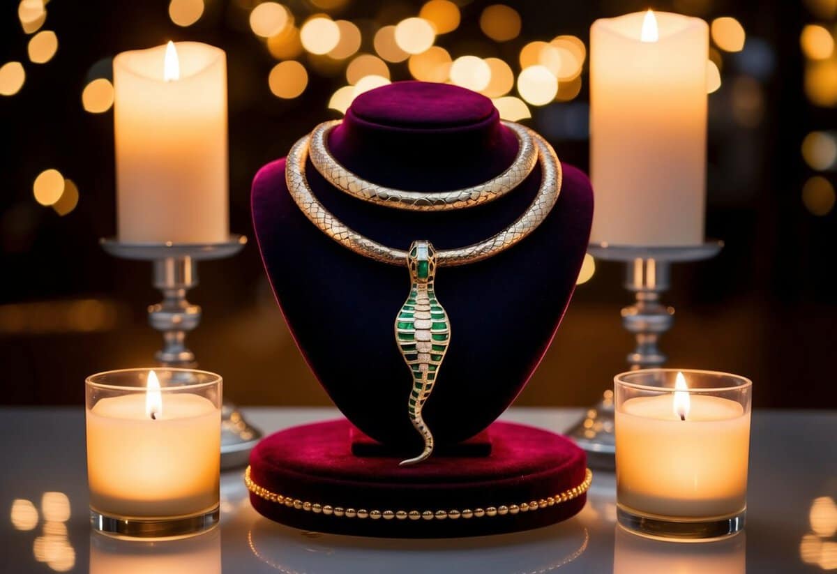 A stunning Bvlgari Serpenti Viper Necklace displayed on a velvet cushion, surrounded by soft candlelight