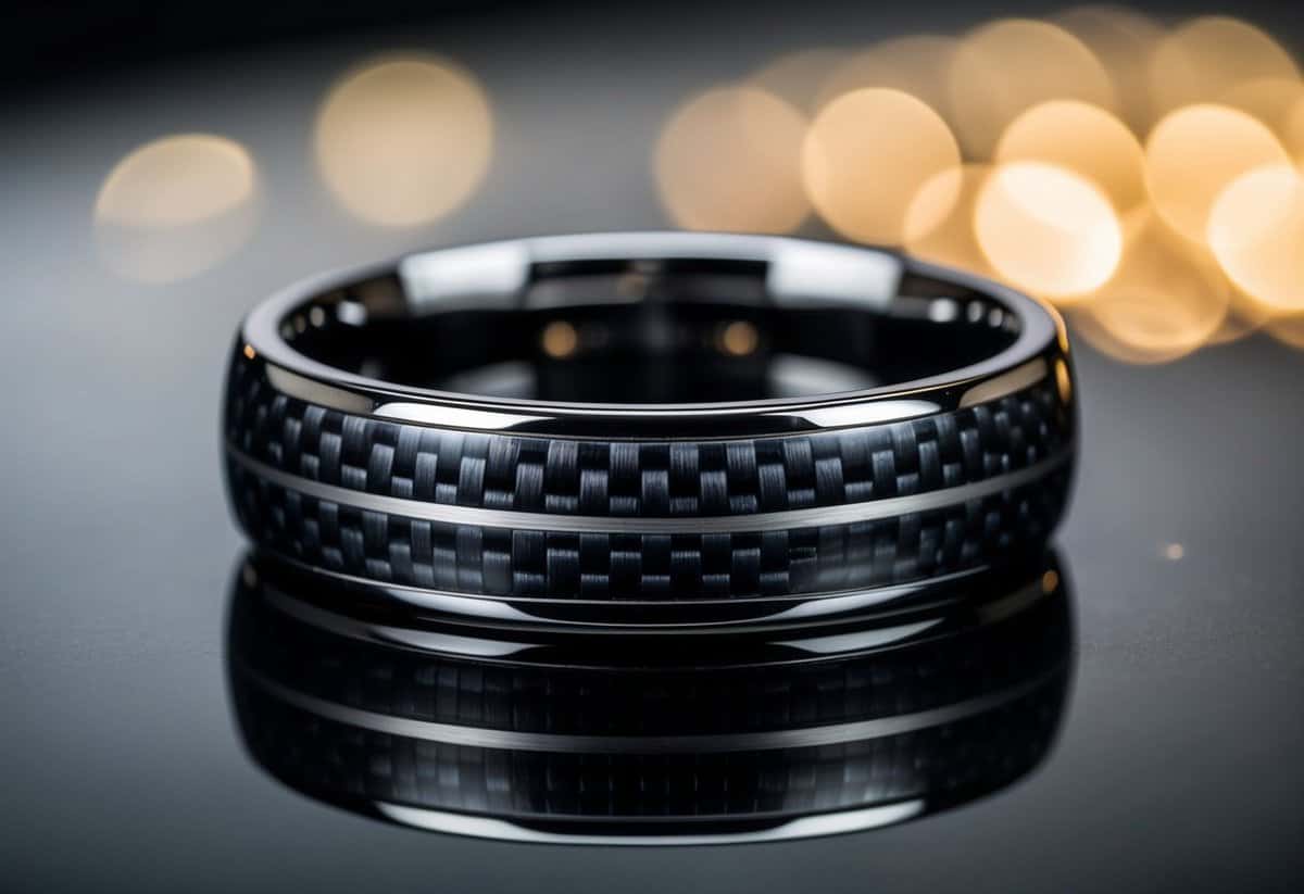 A sleek carbon fiber inlay band rests on a reflective surface, catching the light and showcasing its modern, masculine design