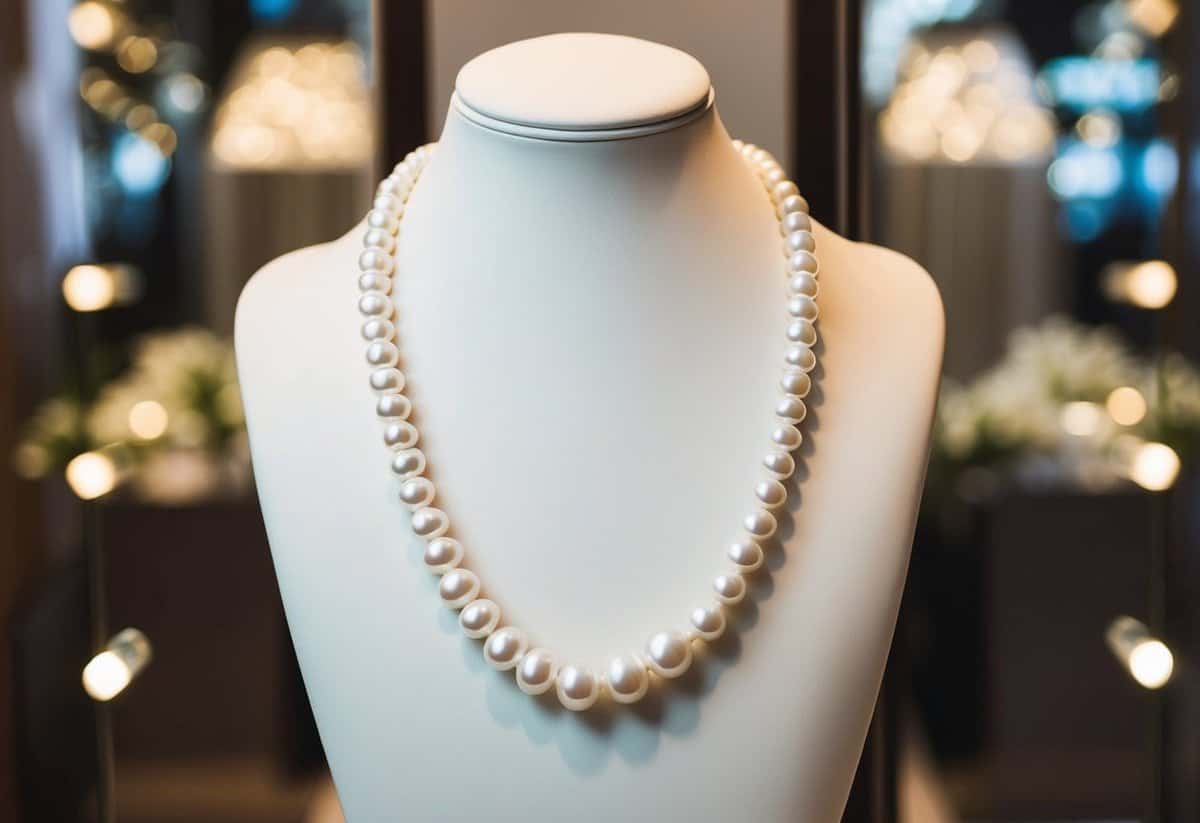 A pristine white wedding dress adorned with a lustrous Mikimoto Akoya Pearl Strand draped over a velvet display stand