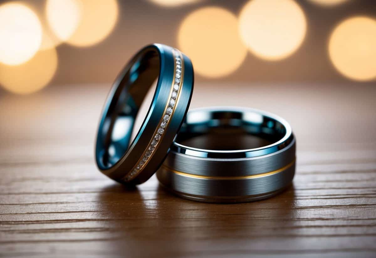 Two wedding bands made of durable materials like tungsten and titanium, displayed on a wooden surface with soft lighting