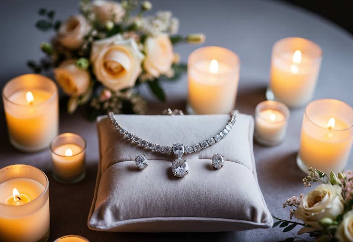 A sparkling diamond necklace and earrings laid out on a soft velvet cushion, surrounded by delicate floral arrangements and glowing candlelight