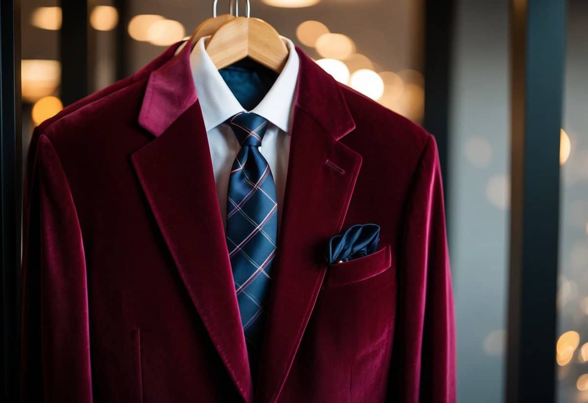 A burgundy velvet blazer hung on a wooden hanger, surrounded by matching accessories like a tie and pocket square