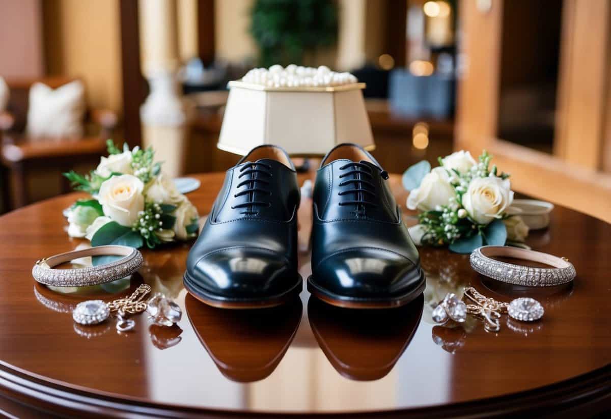 A pair of Oxford plain-toe shoes displayed on a polished wooden surface, surrounded by elegant wedding accessories