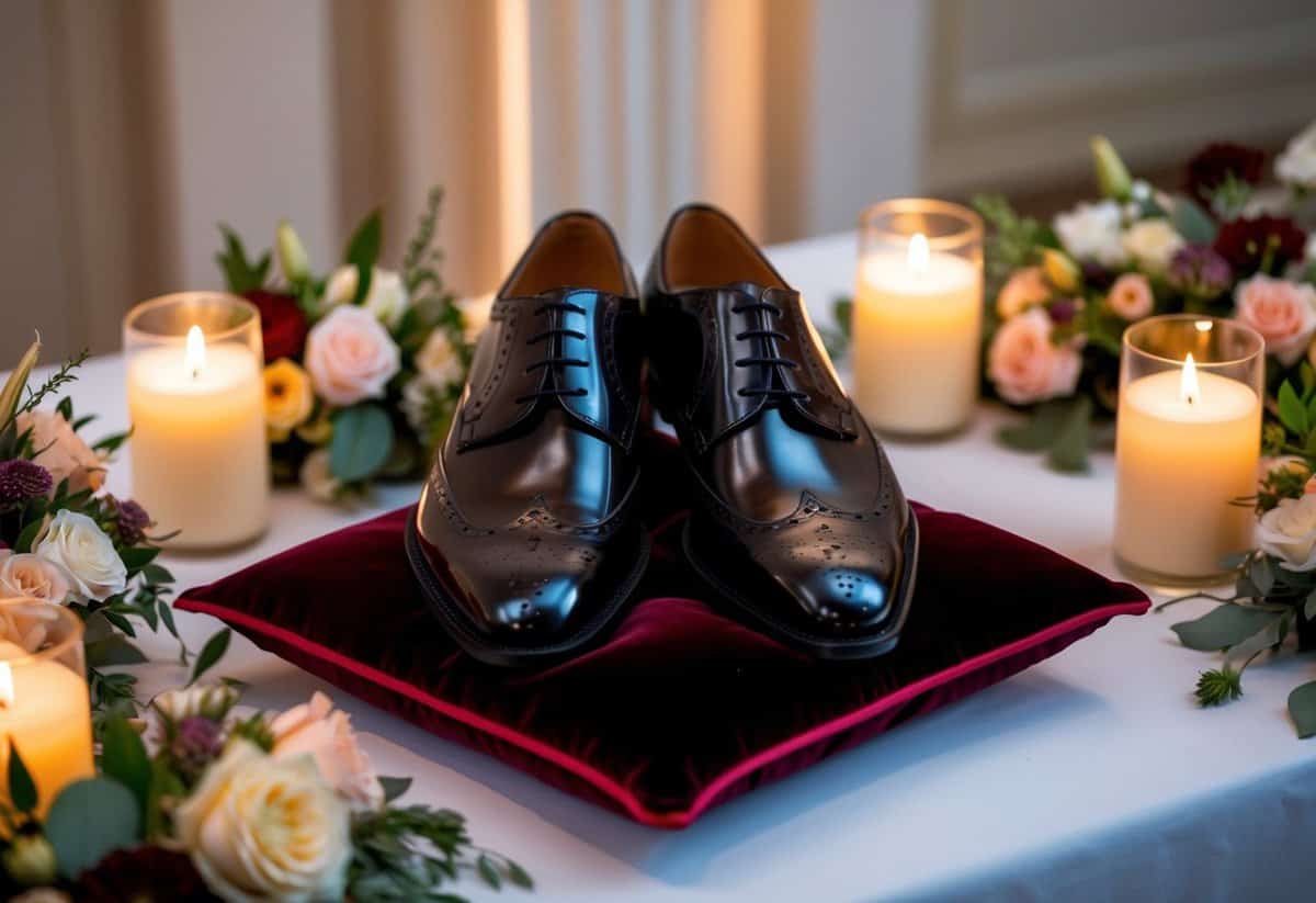 A pair of polished Derby wingtip shoes displayed on a luxurious velvet cushion, surrounded by elegant floral arrangements and soft candlelight