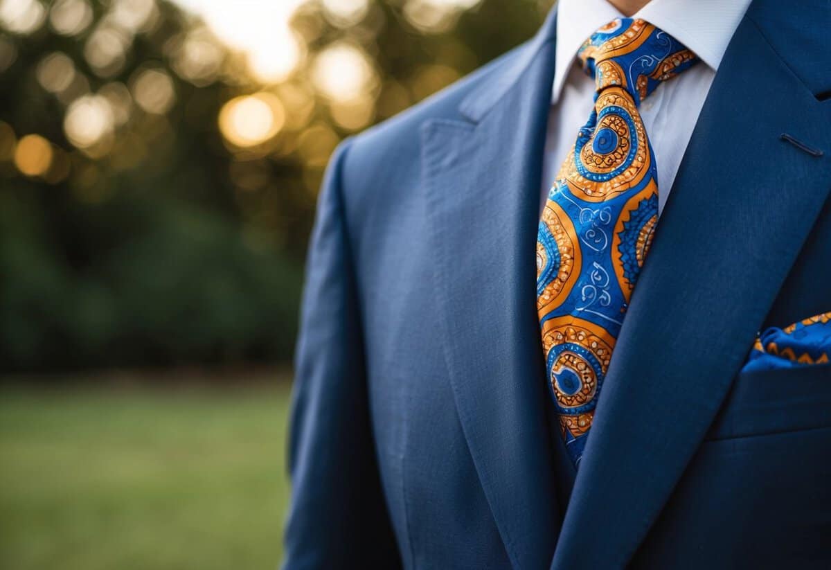 A dapper suit jacket with a vibrant patterned pocket square peeking out from the breast pocket