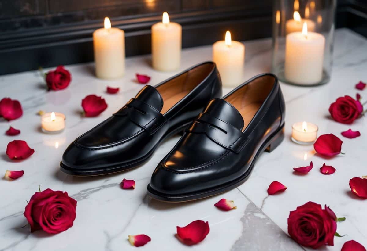 A pair of polished penny loafers sit on a sleek, marble floor surrounded by scattered rose petals and soft candlelight