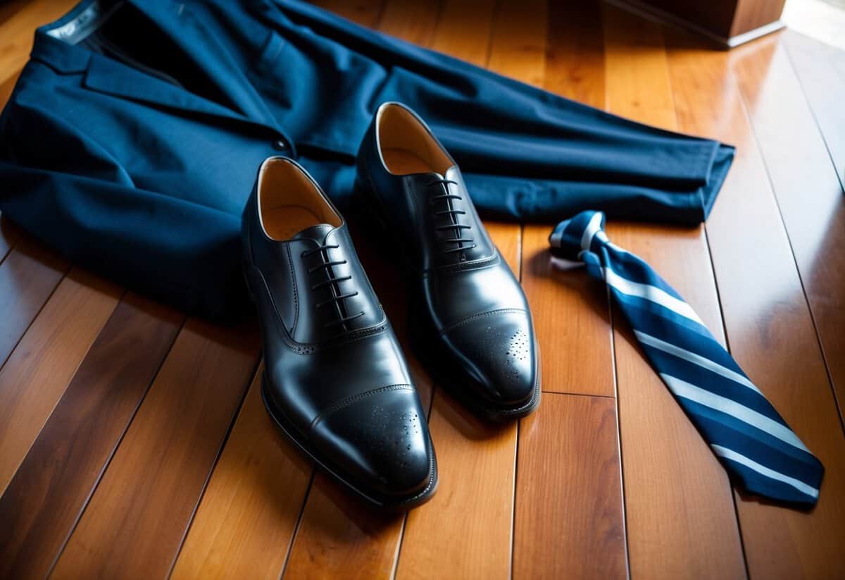 A pair of sleek leather Oxford shoes placed on a polished wooden floor, surrounded by a stylish suit and tie