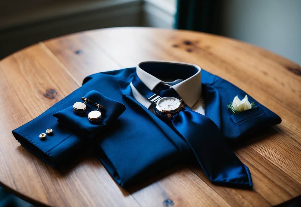 A groom's attire with cufflinks, tie, pocket square, and watch laid out on a wooden table