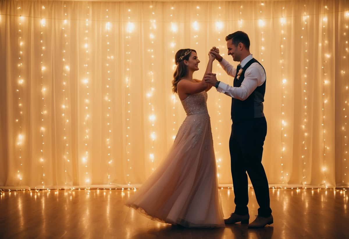 A couple slow dancing under a soft, warm light, surrounded by twinkling fairy lights and romantic decor