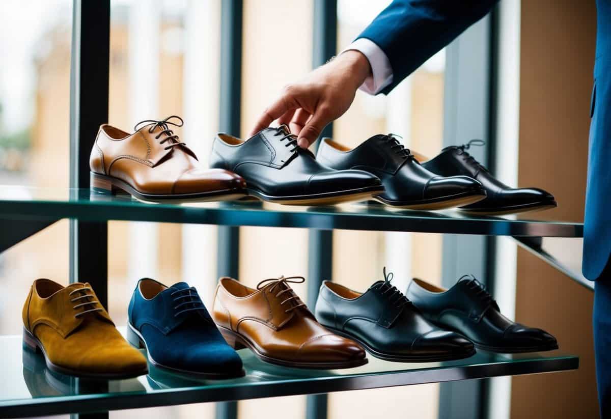 A groom's hand selecting from a variety of stylish men's wedding shoes displayed on a polished wooden shelf