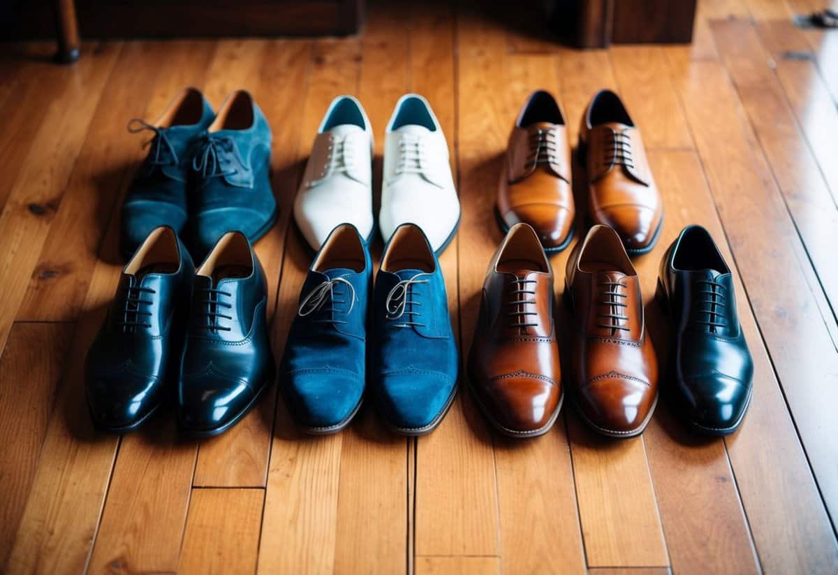 A groom's shoes arranged neatly on a wooden floor, featuring various styles and colors for a wedding