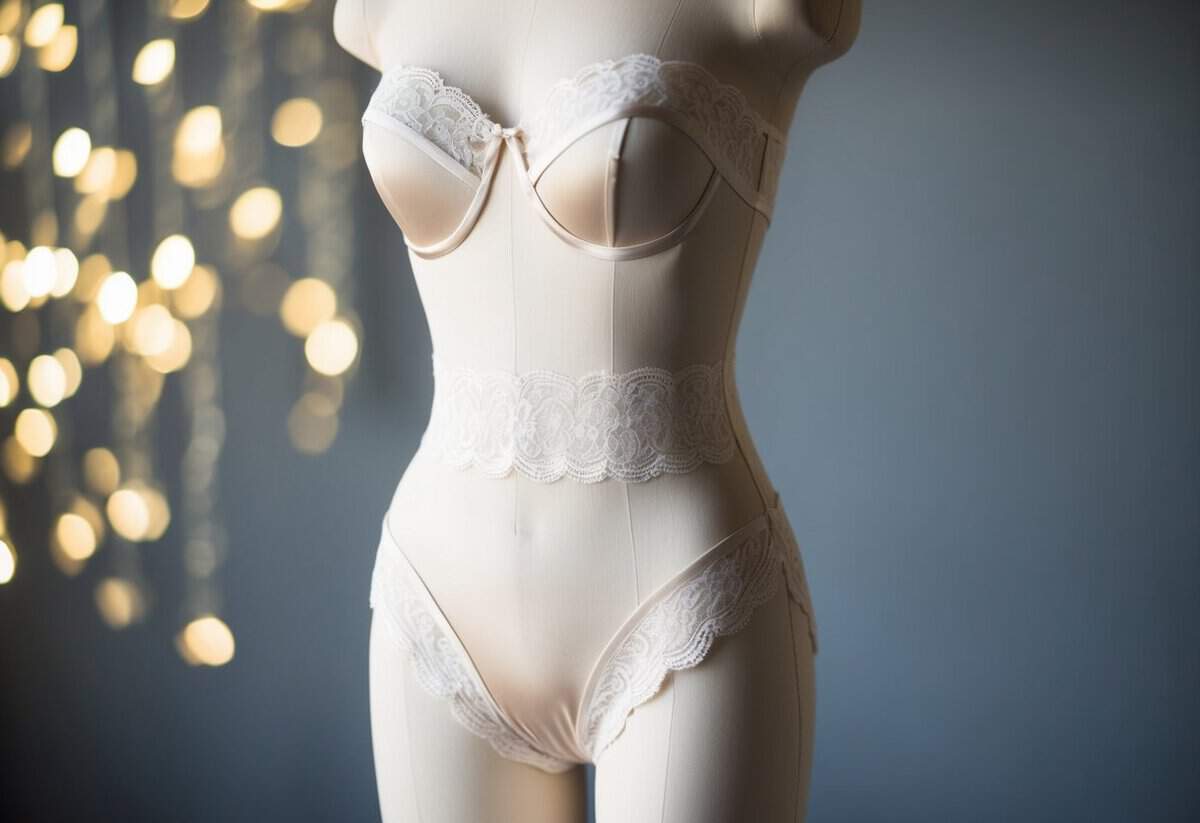 A lace-trimmed strapless body briefer on a bridal mannequin