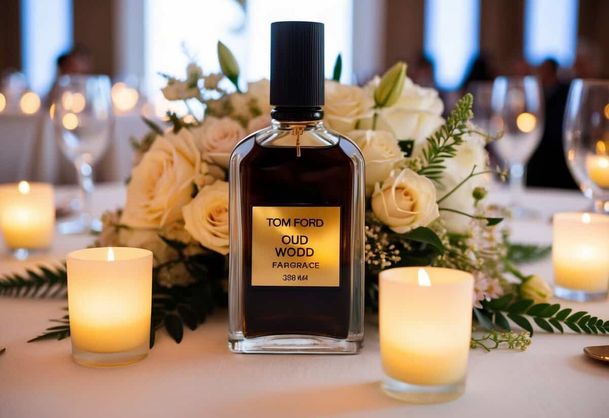 A bottle of Tom Ford Oud Wood fragrance sits on a elegant wedding reception table, surrounded by delicate flowers and glowing candlelight