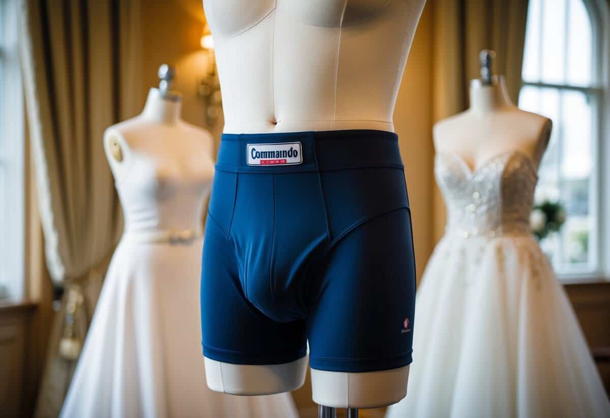 A pair of Commando Classic Control Shorts displayed on a mannequin, surrounded by elegant wedding attire