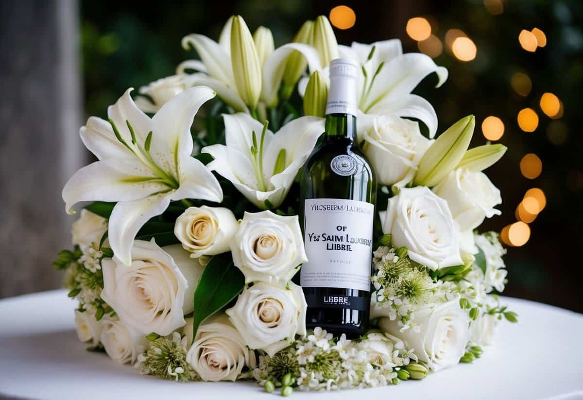 A bride's bouquet of white lilies, roses, and jasmine, with a bottle of Yves Saint Laurent Libre nestled among the flowers