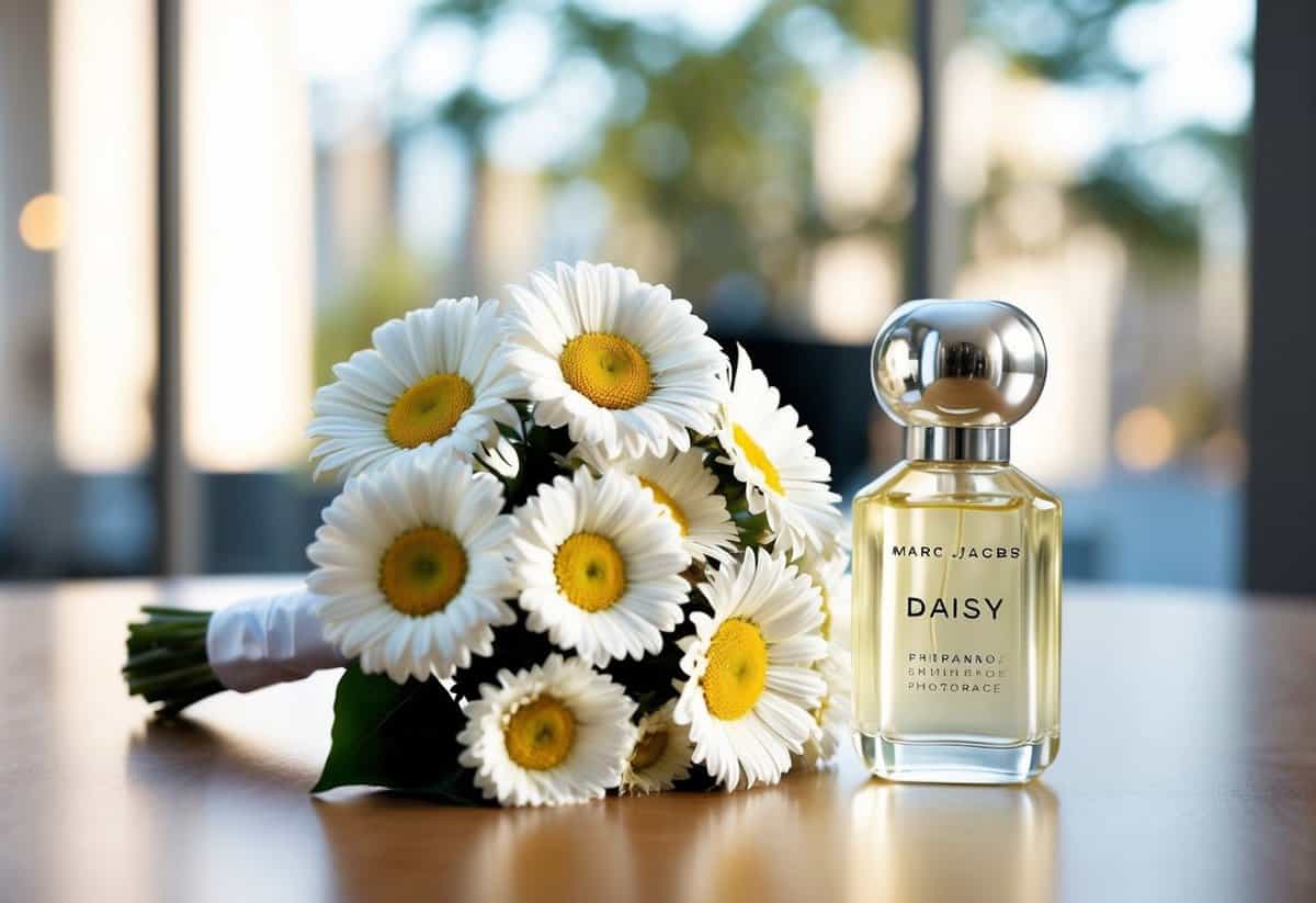 A beautiful wedding bouquet of white daisies with a bottle of Marc Jacobs Daisy fragrance placed next to it