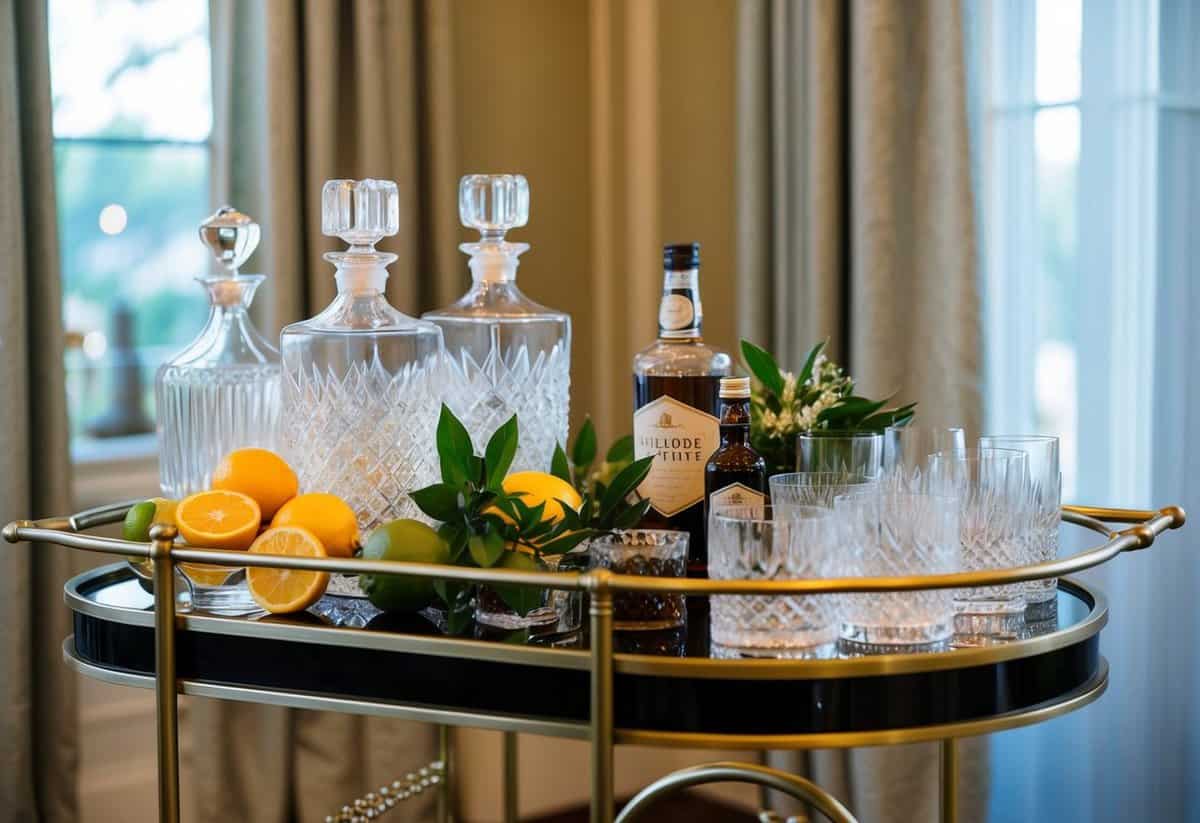 A vintage bar cart with crystal decanters, fresh citrus, and aromatic bitters, surrounded by elegant glassware and a display of the Groom's Old Fashioned wedding signature drinks