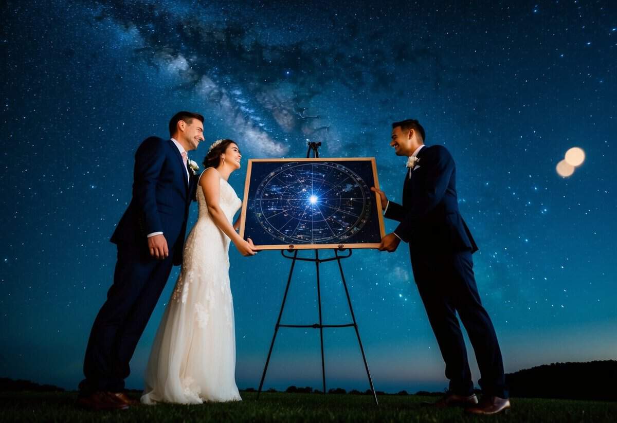 A couple standing under a starry night sky with a personalized star map as a wedding gift