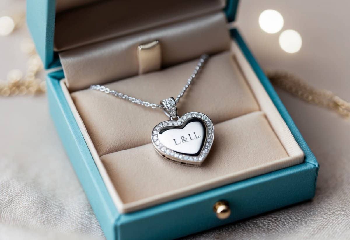 A sparkling necklace with a heart-shaped pendant, engraved with the couple's initials, nestled in a delicate jewelry box