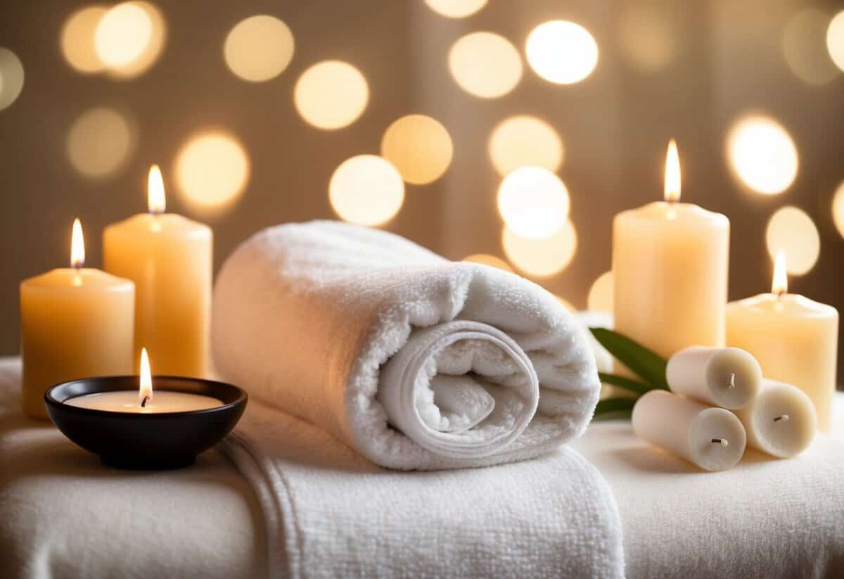 A serene spa setting with a plush robe, fragrant candles, and a luxurious massage table