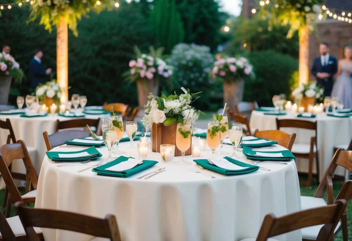 A festive outdoor wedding reception with tables adorned with mint julep cocktails, surrounded by lush greenery and blooming flowers