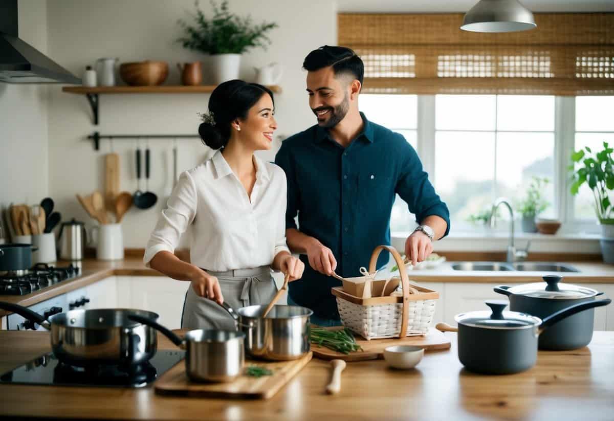 A cozy kitchen scene with a couple cooking together, surrounded by pots, pans, and utensils. A wedding gift basket sits on the counter