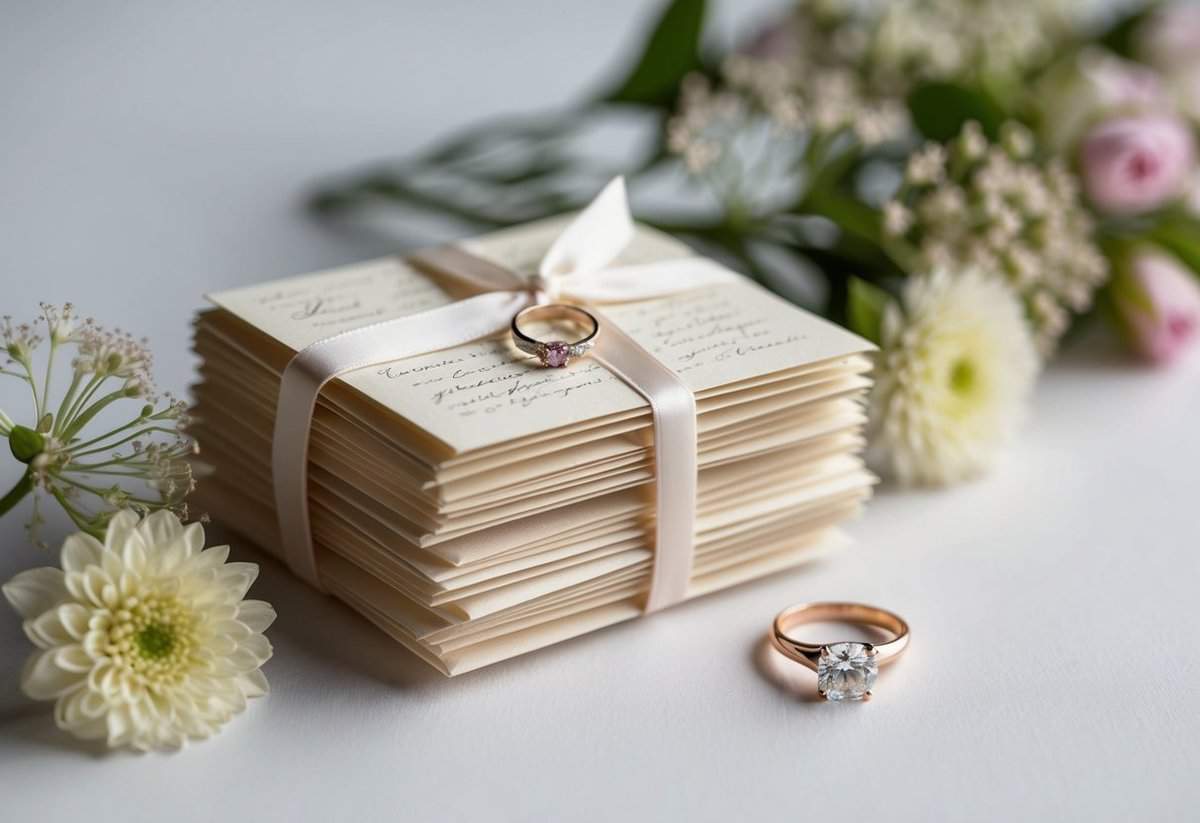 A stack of love letters tied with a ribbon, surrounded by delicate flowers and a wedding ring