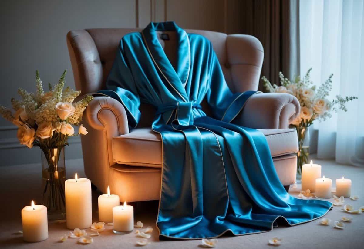 A luxurious silk robe draped over a plush armchair, surrounded by soft candlelight and delicate flower petals