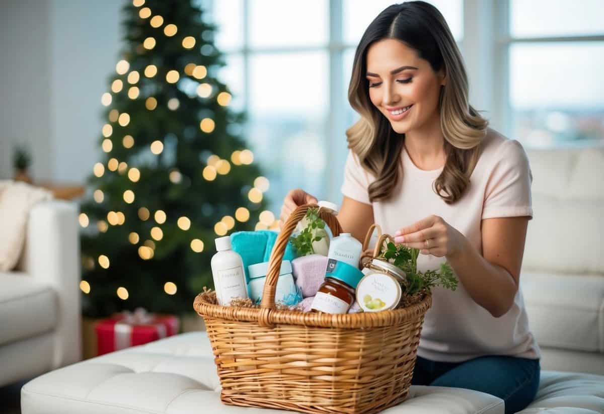 A woman receiving a thoughtful gift basket filled with items for a relaxing spa day, a cooking class, or a romantic getaway