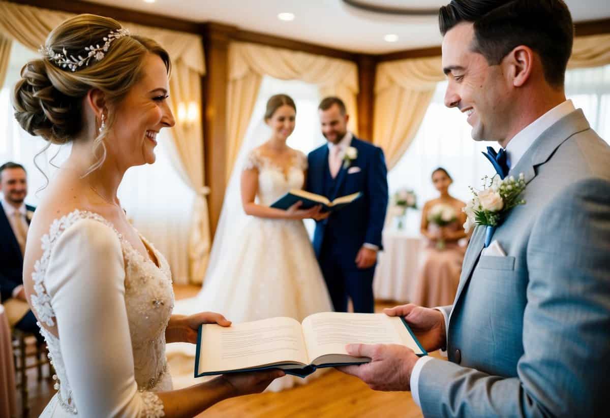 A bride and groom exchanging personalized vows in a beautifully decorated wedding venue, with a book containing their heartfelt promises as a thoughtful gift