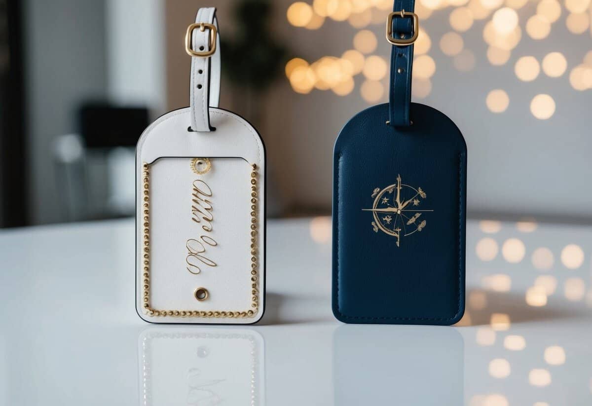 Two elegant luggage tags, one with a feminine design and the other with a masculine design, displayed side by side on a clean, white surface