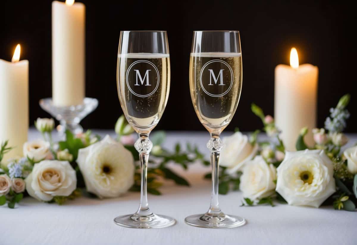 Two elegant champagne flutes with monogrammed initials, surrounded by delicate floral arrangements and soft candlelight