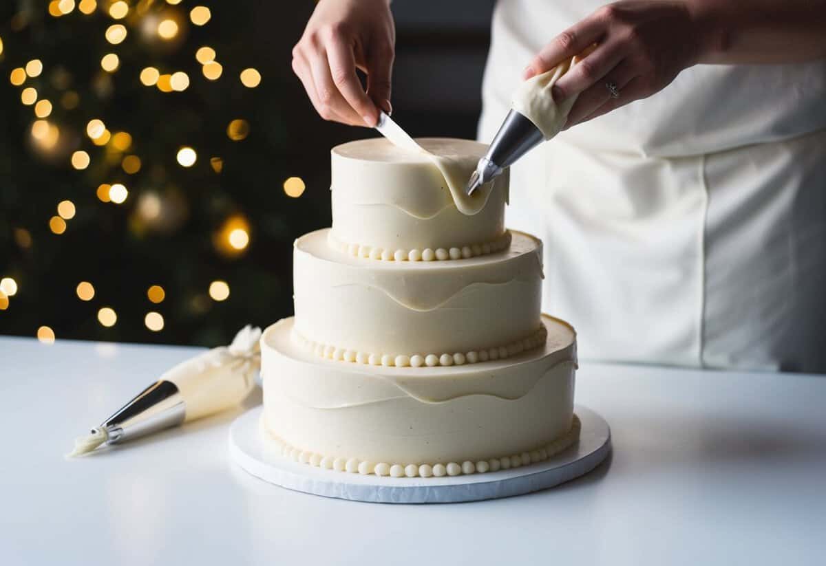 A three-tiered wedding cake being delicately iced with ganache, smooth and glossy, with a decorative piping bag nearby