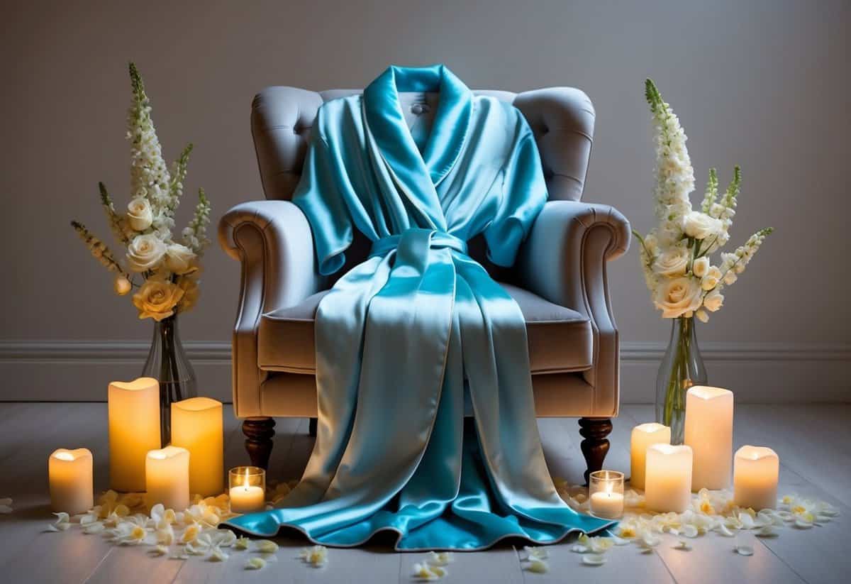 A silk robe draped over a plush armchair, surrounded by delicate flower petals and soft candlelight