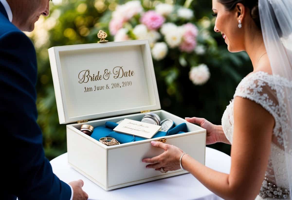 A bride receiving a personalized gift, with her name and wedding date engraved on a beautiful keepsake box filled with sentimental items