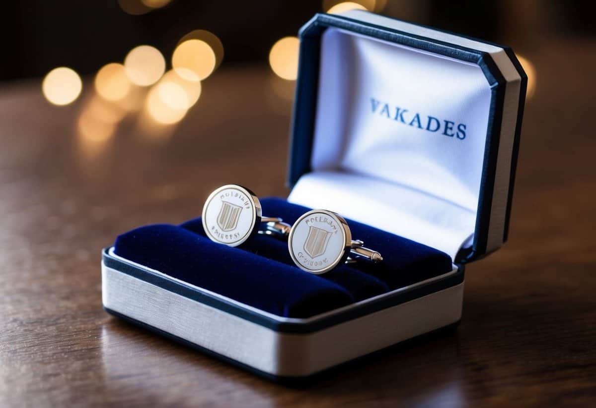 A pair of custom engraved cufflinks displayed on a velvet cushion with elegant packaging