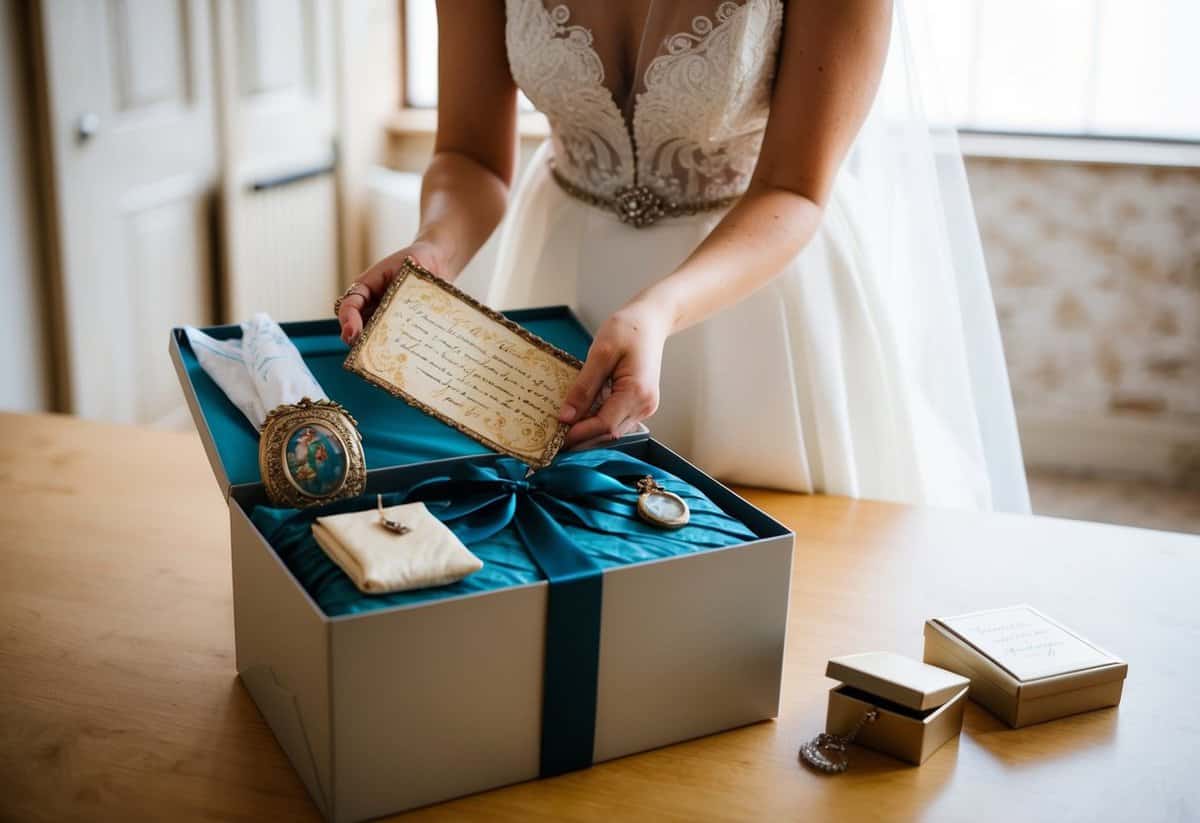 A bride opening a beautifully wrapped gift box filled with sentimental items such as a vintage handkerchief, a locket, and a handwritten note